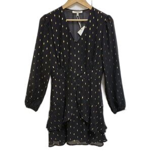 Free Generation Dress Sz M Black Gold V Neck Ruffled Dress Long Slv Party Office